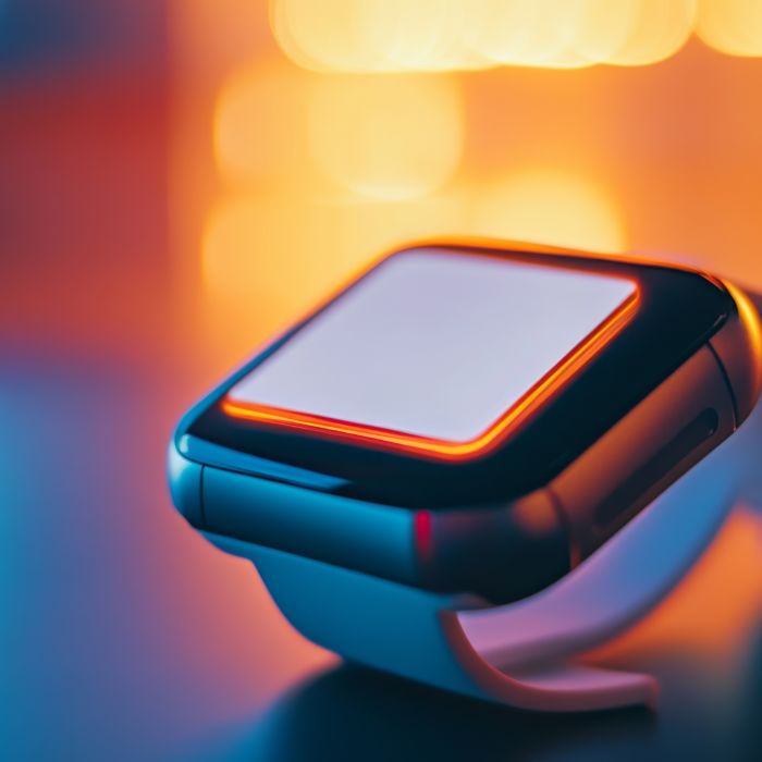 A high-tech wearable device with a focus on its screen, clean backdrop with a soft glow, Sleek style