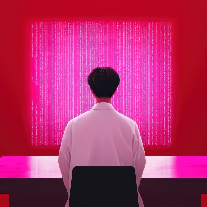 A person in a lab coat sits in front of a vibrant pink digital screen, immersed in data analysis, surrounded by a striking red background.