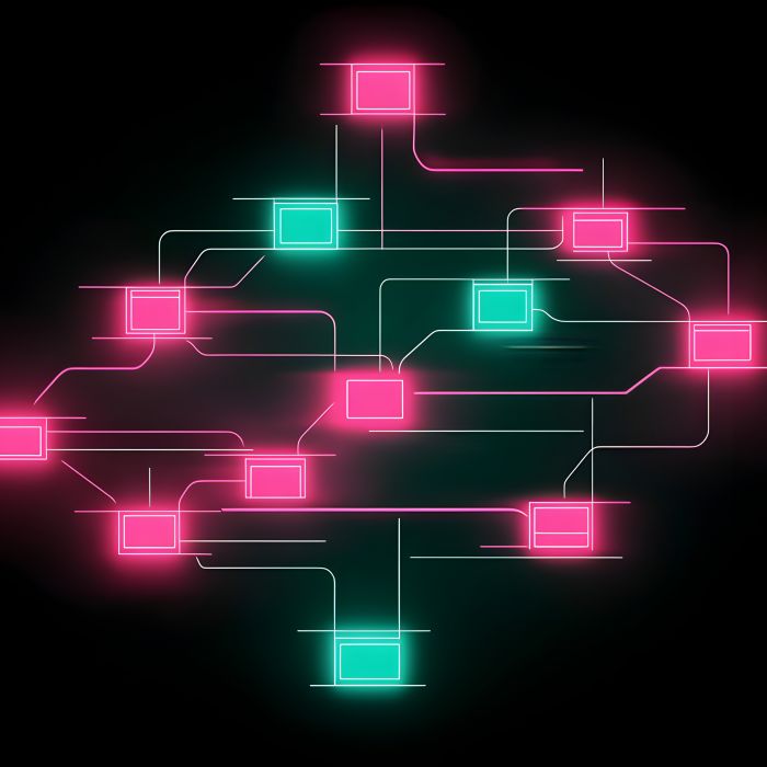 An eye-catching neon wireframe flow chart diagram with pink and teal lines showcasing streamlined workflows on a dramatic black background.