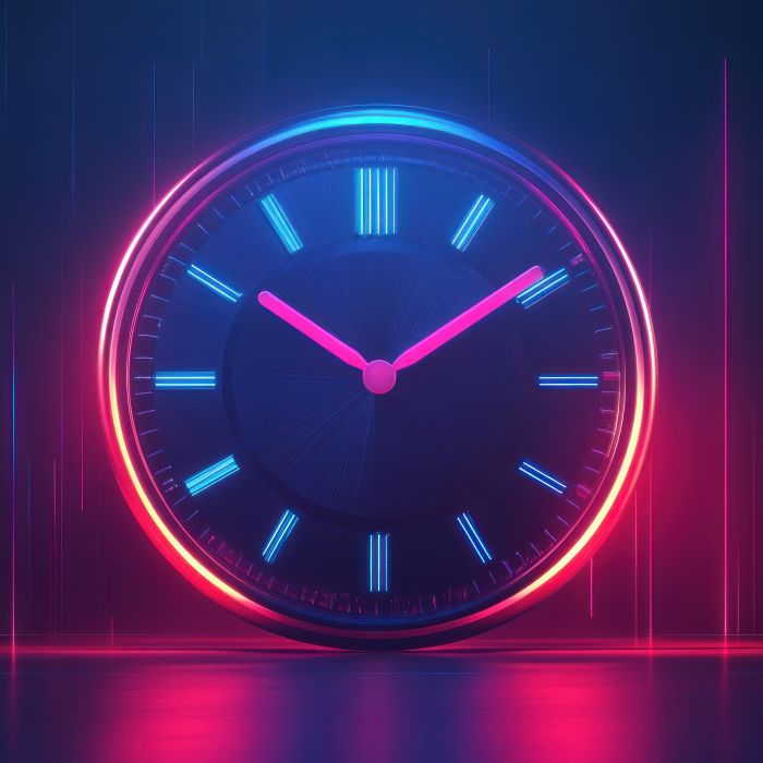 A glowing neon clock with pink and blue accents on a dark background.