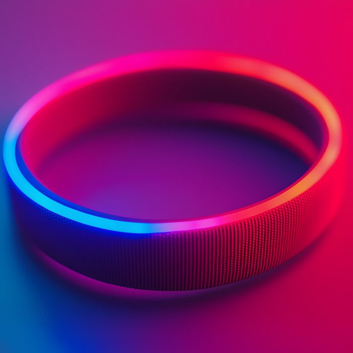 Closeup of a wristband showing realtime glucose levels, bright lighting, shallow focus