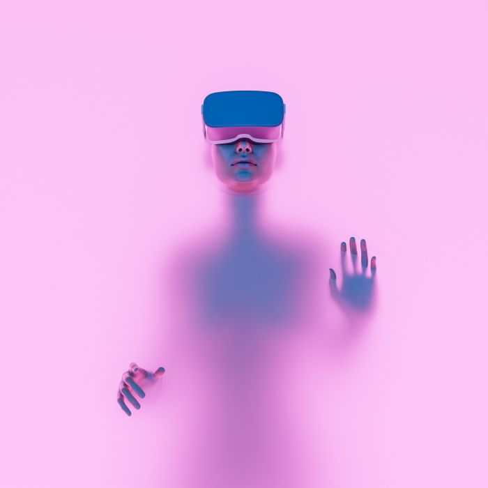 3d female character with VR goggles immersed in backlit diffuse liquid. metaverse concept, technology, experience, video games and virtual reality.