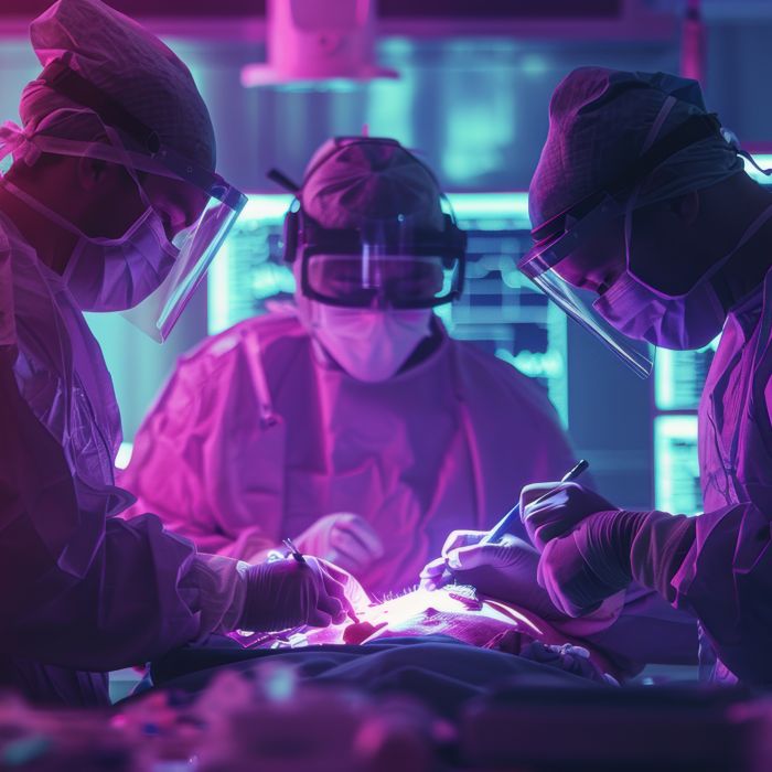 Surgeons performing an operation in a brightly lit room with advanced equipment and vibrant pink lighting.