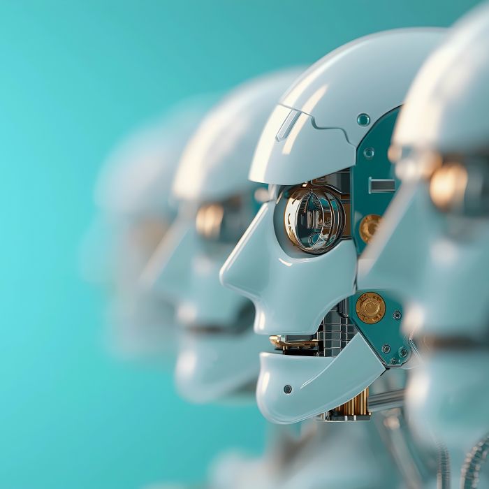 A lineup of futuristic robotic heads, showcasing sleek designs and intricate internal mechanisms against a vibrant teal background.