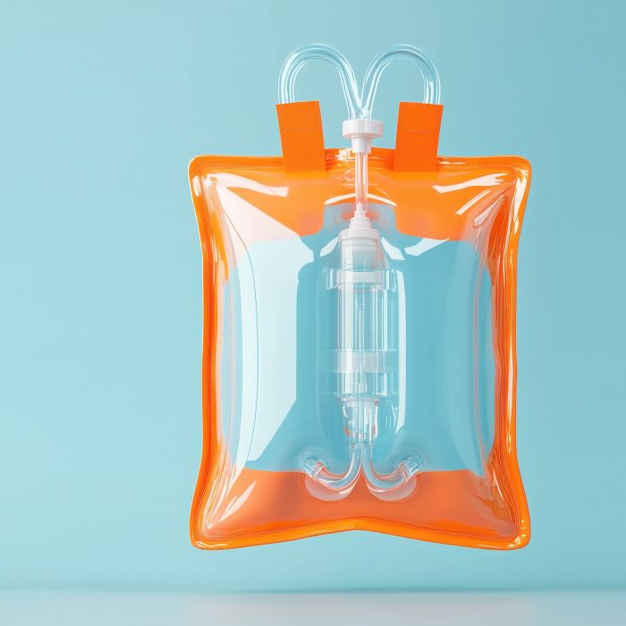 A bright orange intravenous bag featuring clear liquid and tubing