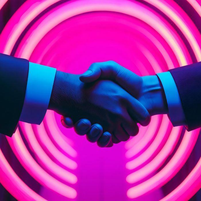 A close-up of a handshake under vibrant neon lights, symbolizing agreement, partnership, and collaboration
