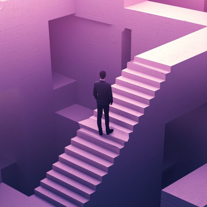 Businessman Facing a Choice Abstract Staircase in Purple Maze