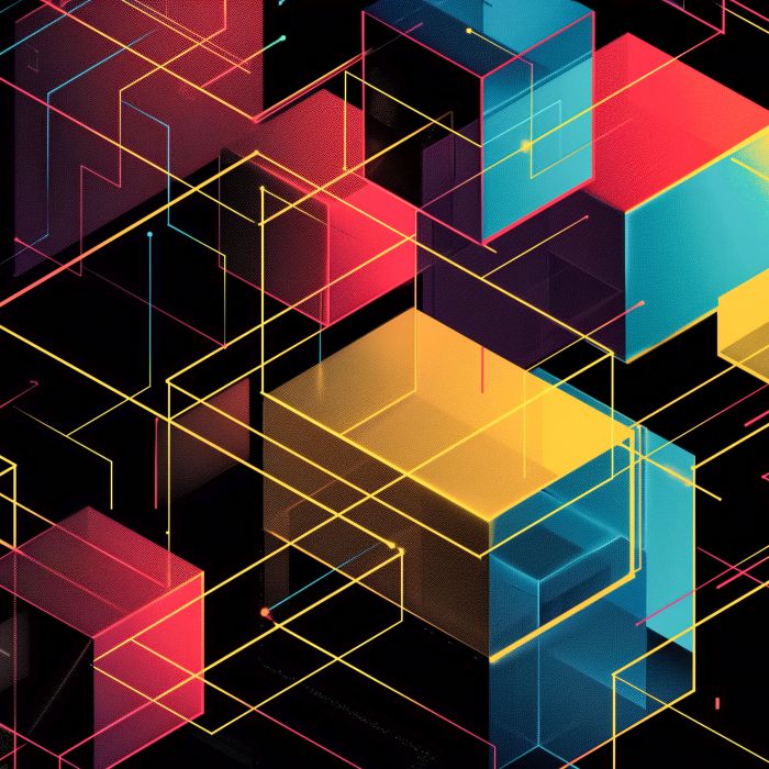 Bright neon lines and cubes in a complex geometric abstract design