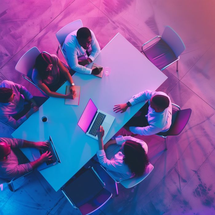 Team meeting in modern office, Colorful creative workspace with neon lighting | Generative AI