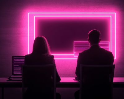 Two individuals working at a desk illuminated by a neon light.