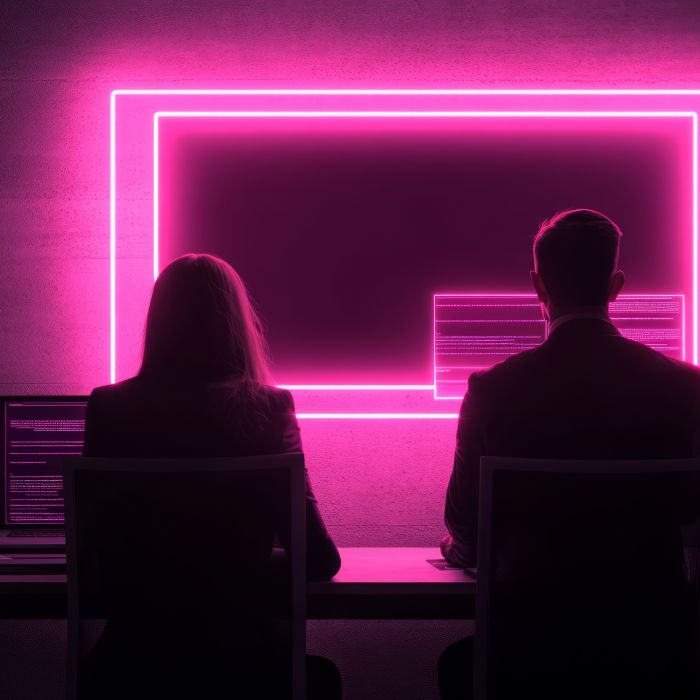 Two individuals working at a desk illuminated by a neon light.